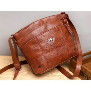 NWT Gorgeous Pu Brown Leather Satchel Crossbody Multi 4 zippers Bag